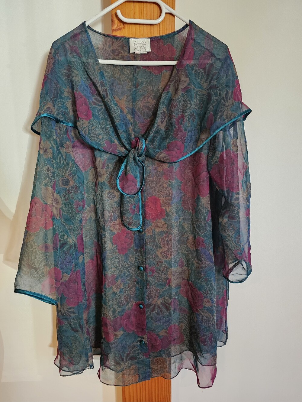 Vintage Linda pour La Senza Sheer Floral Tunic Robe Top S/M Tie Front
